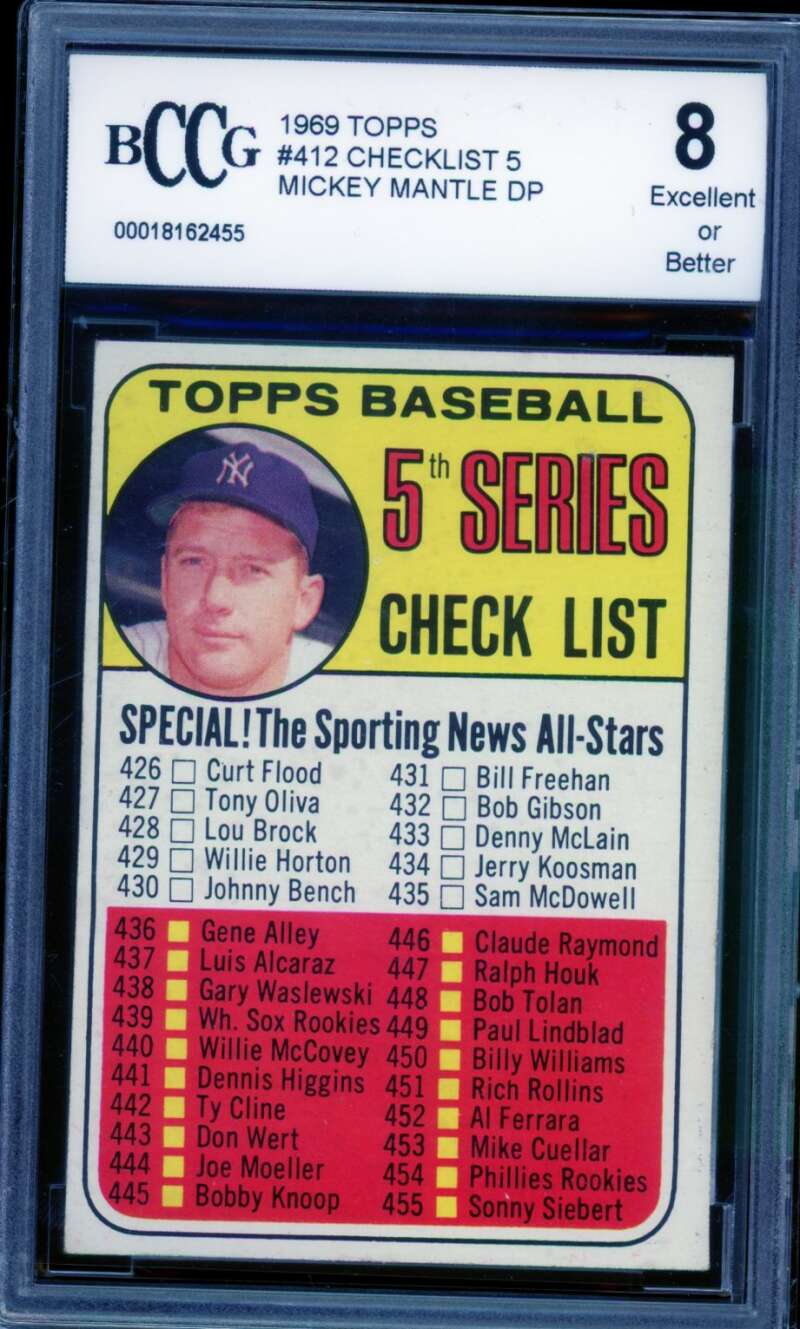 1969 Topps #412 Checklist Mickey Mantle Card BGS BCCG 8 Excellent+ Image 1