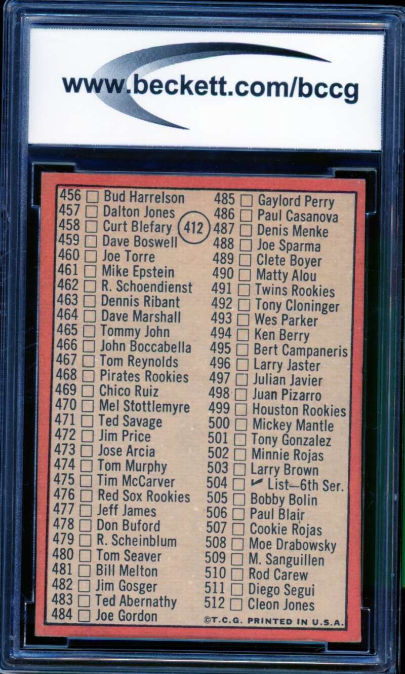 1969 Topps #412 Checklist Mickey Mantle Card BGS BCCG 8 Excellent+ Image 2