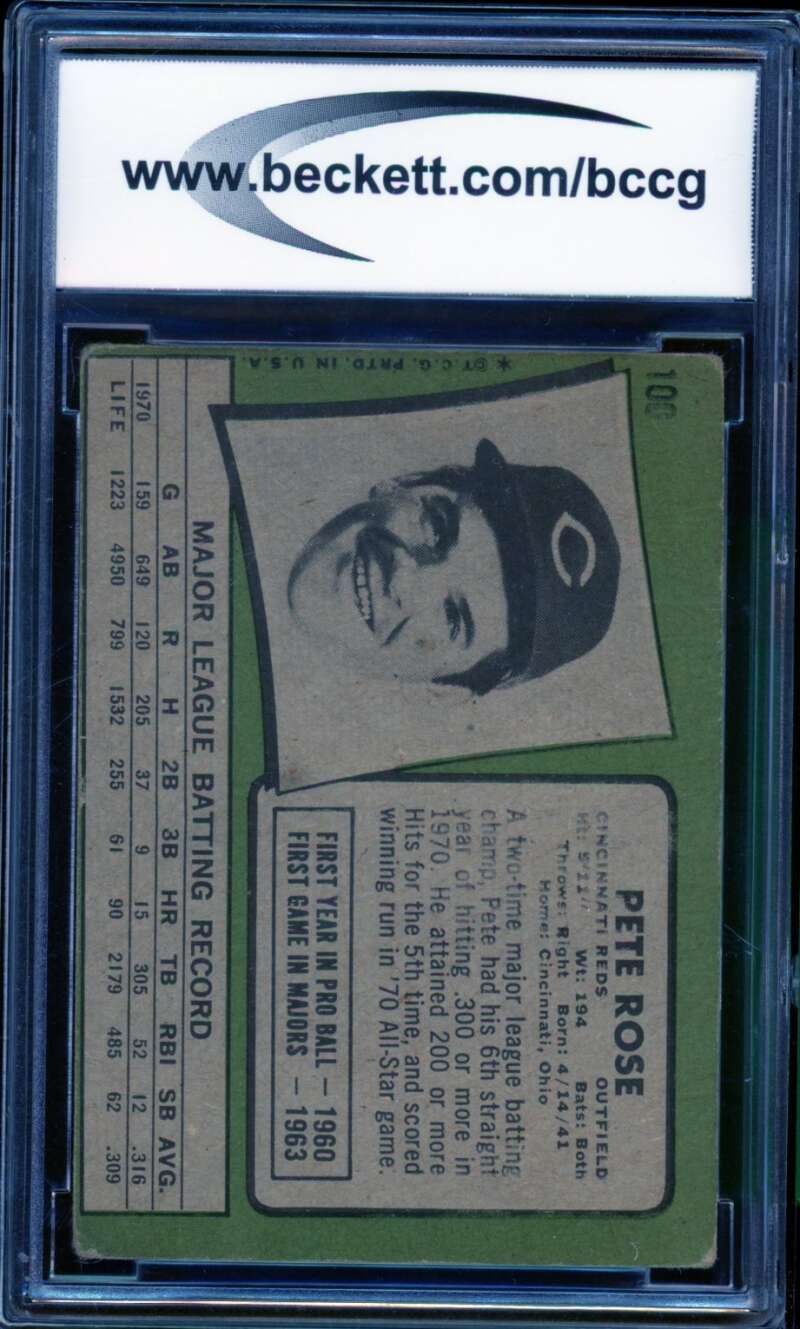 1971 Topps #100 Pete Rose Card BGS BCCG 6 Good+ Image 2