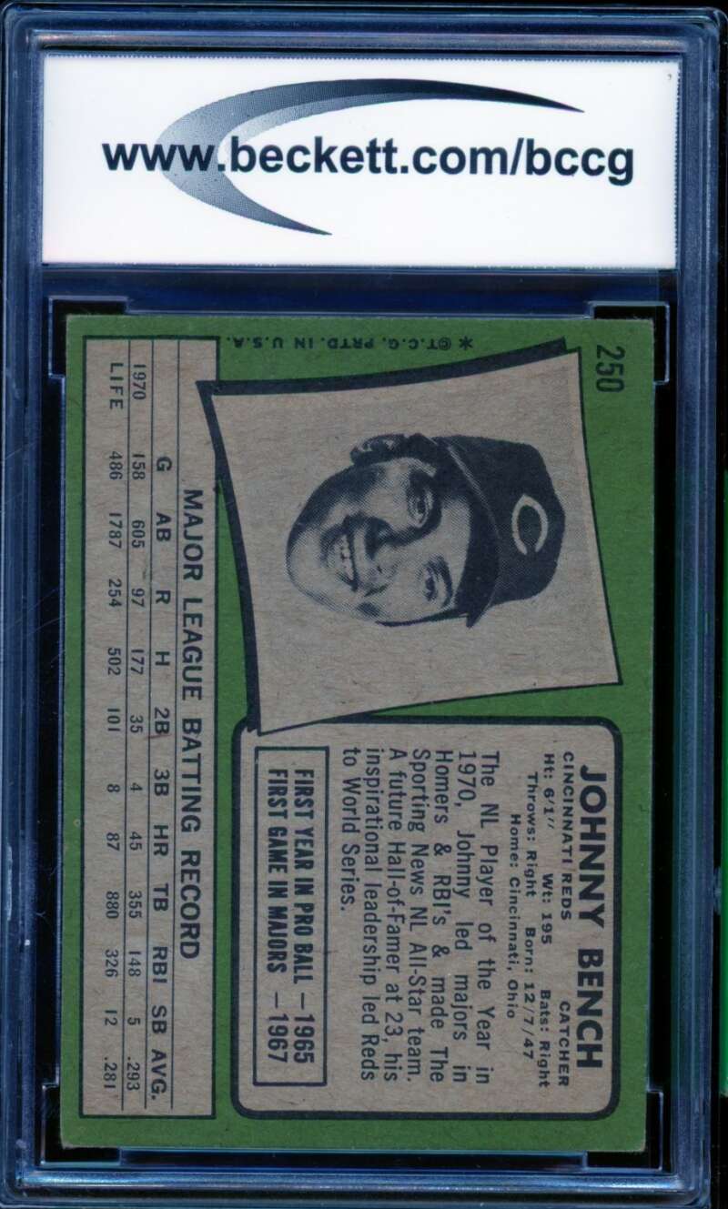 1971 Topps #250 Johnny Bench Card BGS BCCG 6 Good+ Image 2