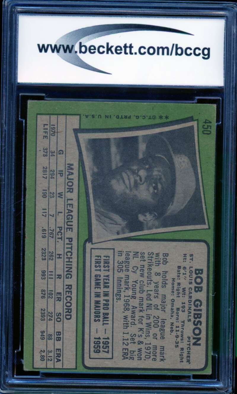 1971 Topps #450 Bob Gibson Card BGS BCCG 7 Very Good+ Image 2