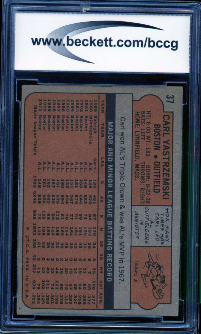 1972 Topps #37 Carl Yastrzemski Card BGS BCCG 8 Excellent+ Image 2