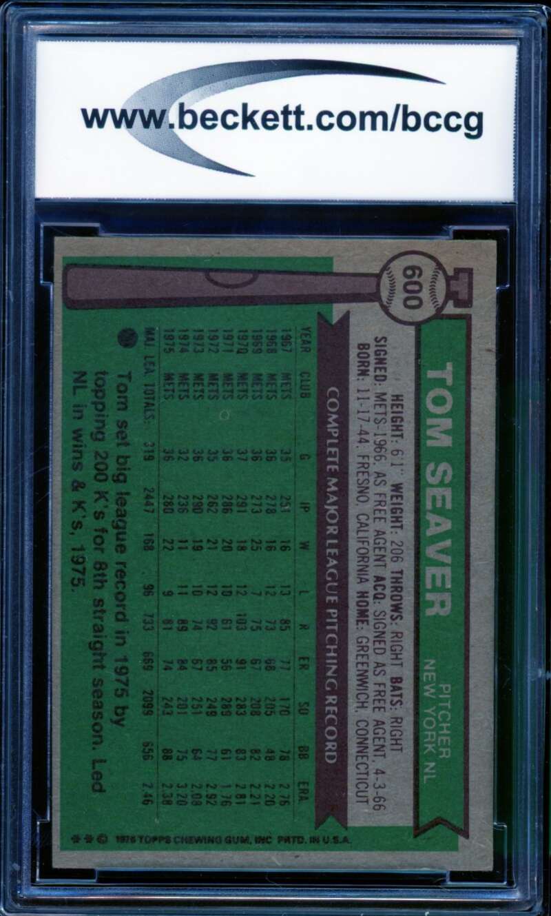 1976 Topps #600 Tom Seaver Card BGS BCCG 8 Excellent+ Image 2