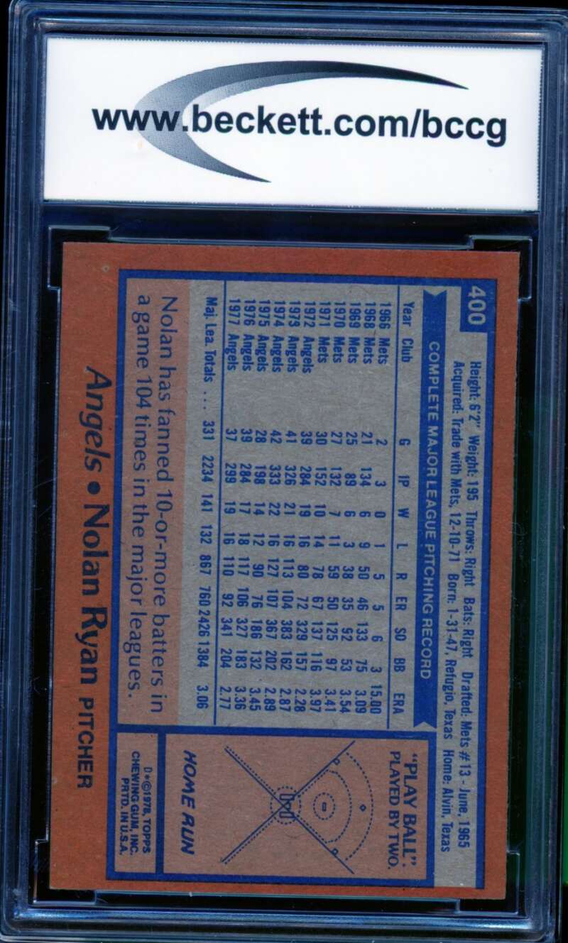 1978 Topps #400 Nolan Ryan Card BGS BCCG 8 Excellent+ Image 2