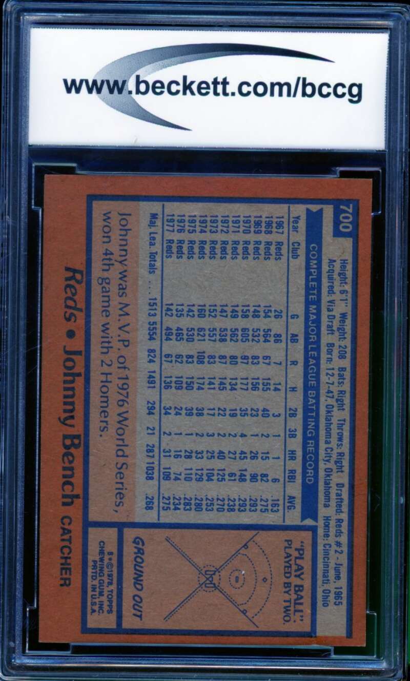 1978 Topps #700 Johnny Bench Card BGS BCCG 9 Near Mint+ Image 2
