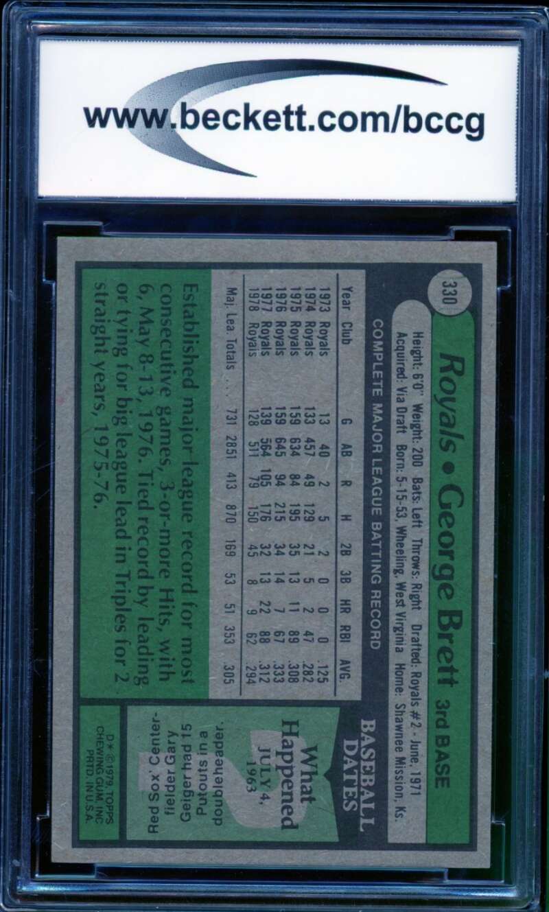 1979 Topps #330 George Brett Card BGS BCCG 9 Near Mint+ Image 2