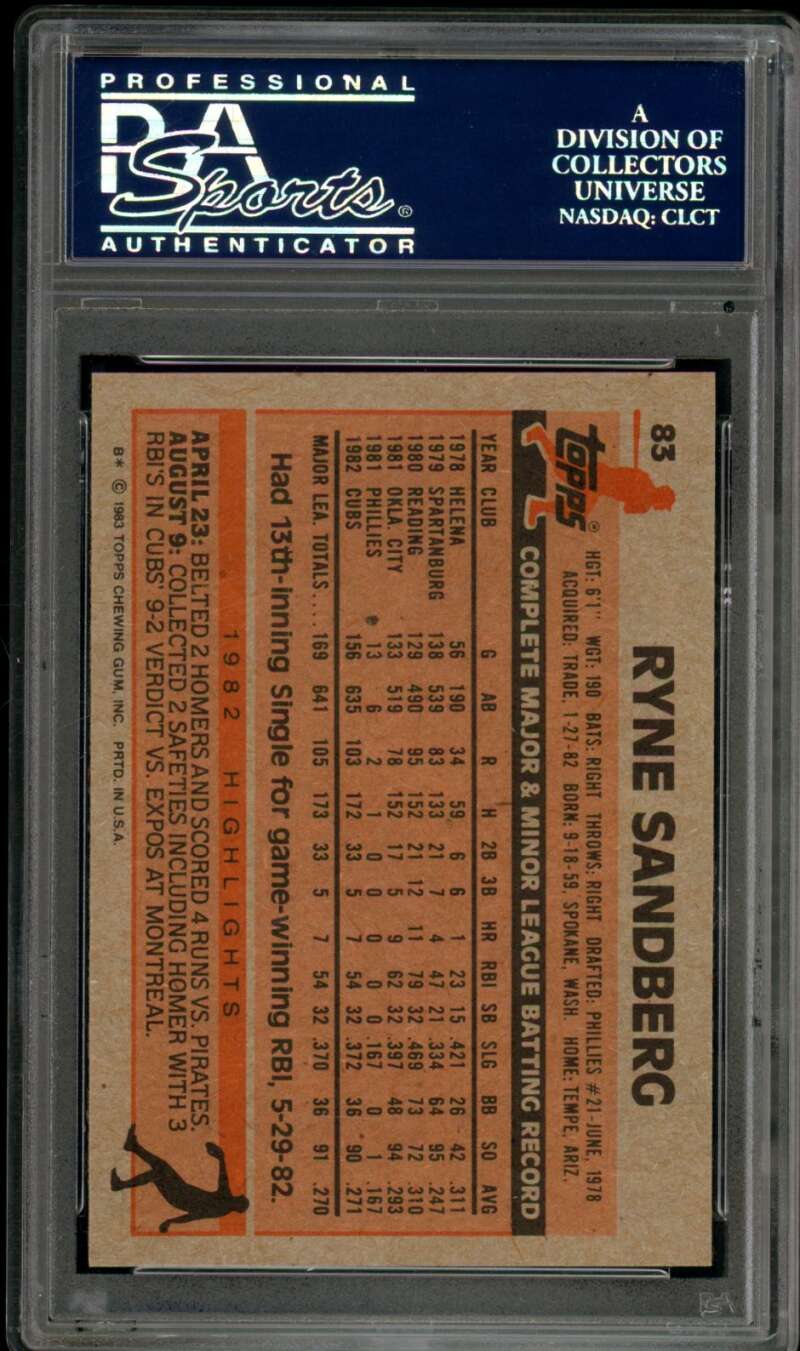 Ryne Sandberg Rookie Card 1983 Topps #83 PSA 9 Image 2