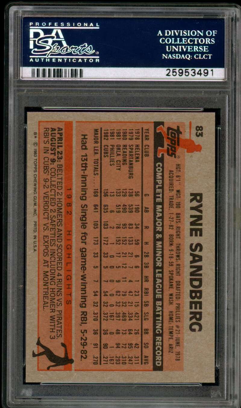 Ryne Sandberg Rookie Card 1983 Topps #83 PSA 9 Image 2