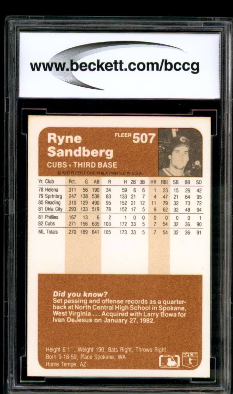 Ryne Sandberg Rookie Card 1983 Fleer #507 BGS BCCG 9 Image 2