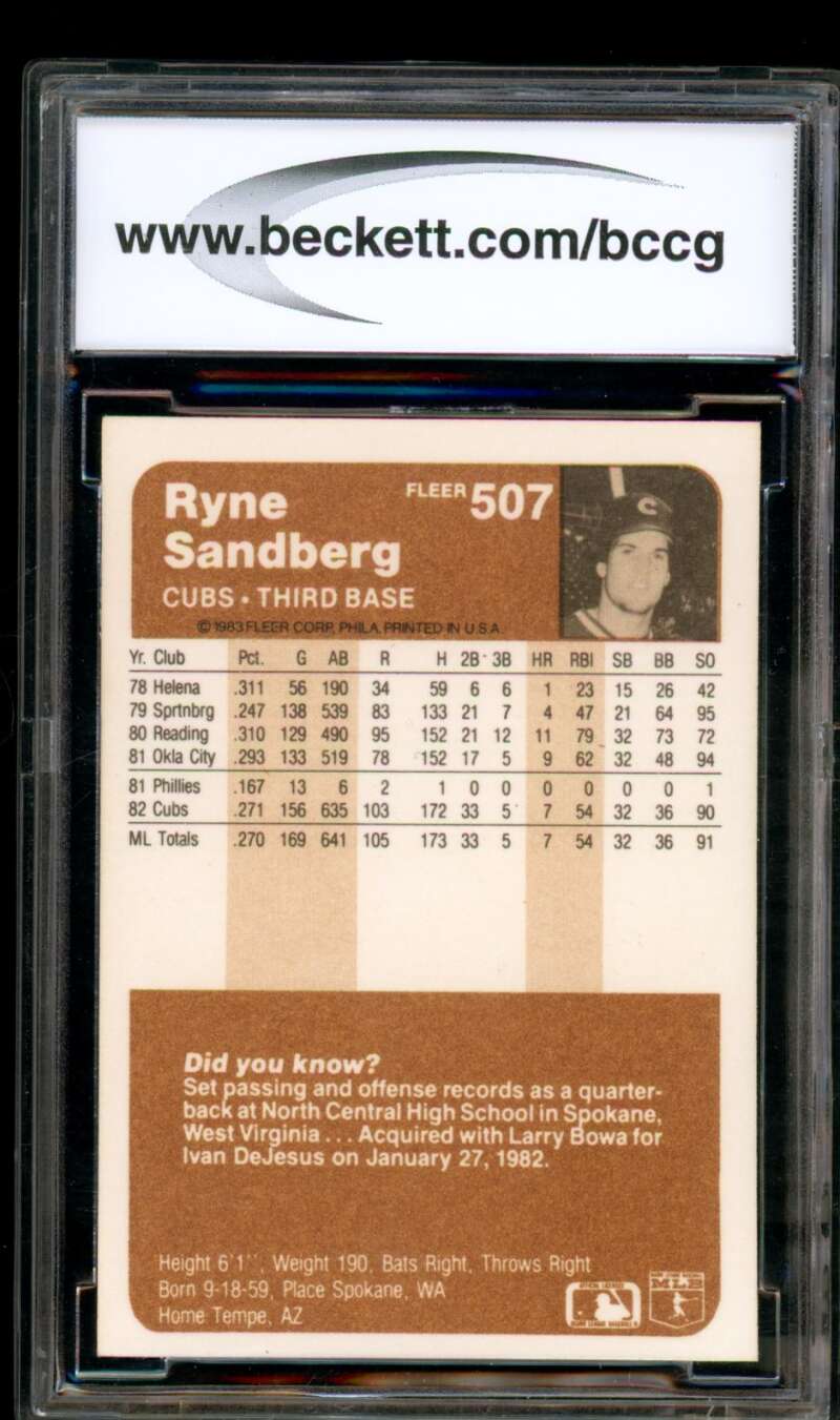 Ryne Sandberg Rookie Card 1983 Fleer #507 BGS BCCG 9 Image 2