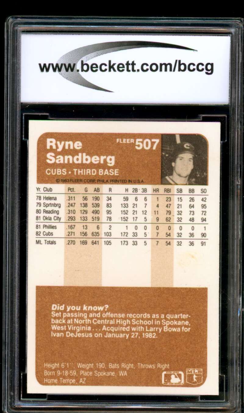 Ryne Sandberg Rookie Card 1983 Fleer #507 BGS BCCG 9 Image 2
