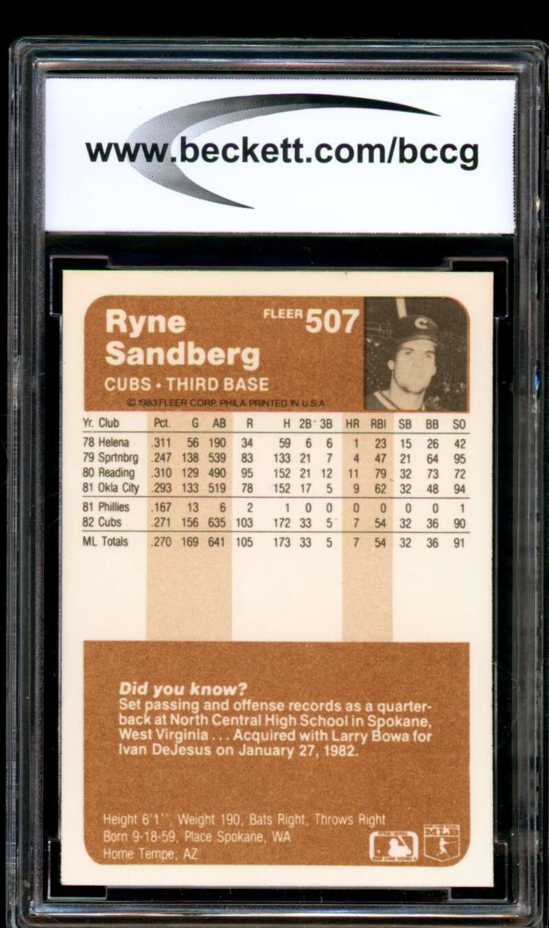 Ryne Sandberg Rookie Card 1983 Fleer #507 BGS BCCG 10 (holder imperfection) Image 2