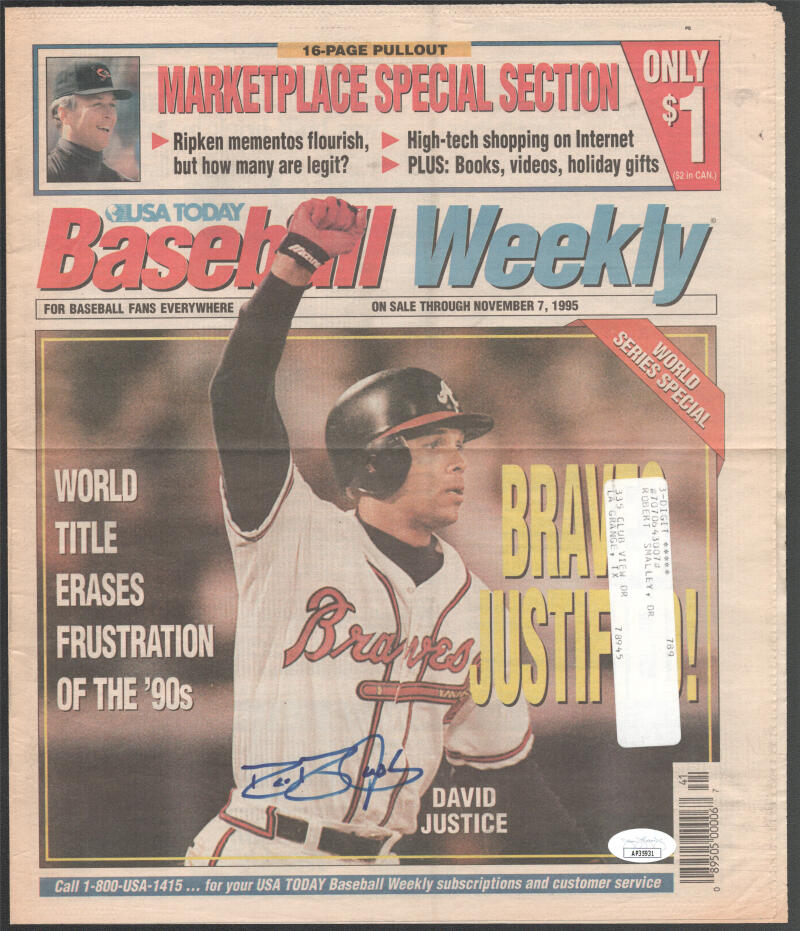 David Justice Braves Signed Autographed Baseball Weekly Newspaper JSA Authentic Image 1