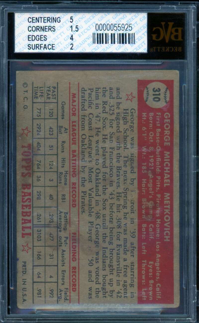 George Metkovich Card 1952 Topps #310 BGS 2 Image 2