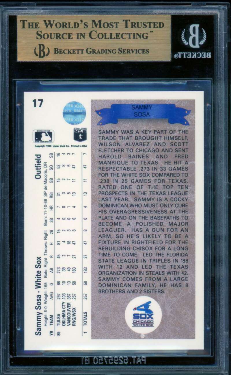 Sammy Sosa Rookie Card 1990 Upper Deck #17 BGS 9.5 Image 2