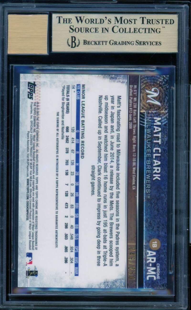 Matt Clark Rookie 2015 Topps Chrome Rookie Autographs Purple Ref #Armc BGS 9.5 Image 2