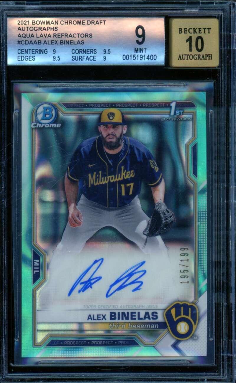 Alex Binelas Rookie 2021 Bowman Chrome Draft Aqua Lava Refractors #Cdaab BGS 9 Image 1