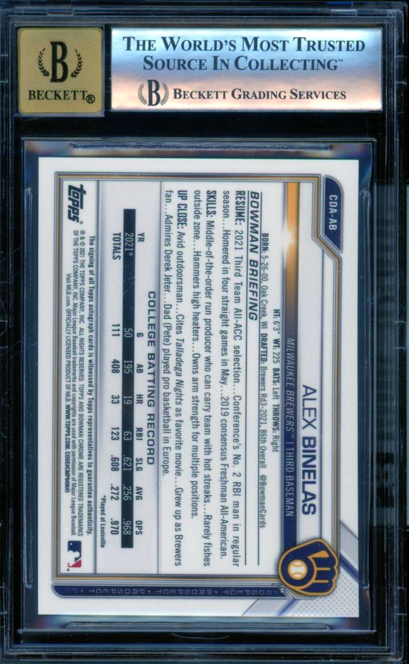 Alex Binelas Rookie 2021 Bowman Chrome Draft Aqua Lava Refractors #Cdaab BGS 9 Image 2