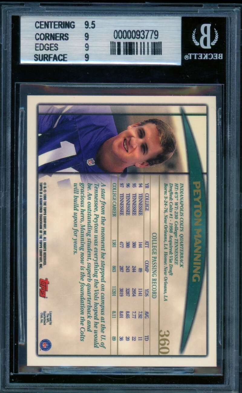 Peyton Manning Rookie Card 1998 Topps #360 BGS 9 Image 2