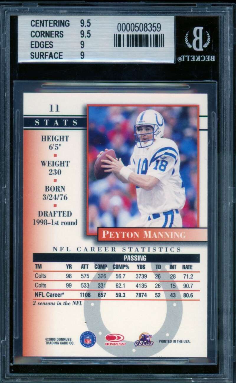Peyton Manning Card 2000 Donruss Pref. Graded Series #11 BGS 9 Image 2