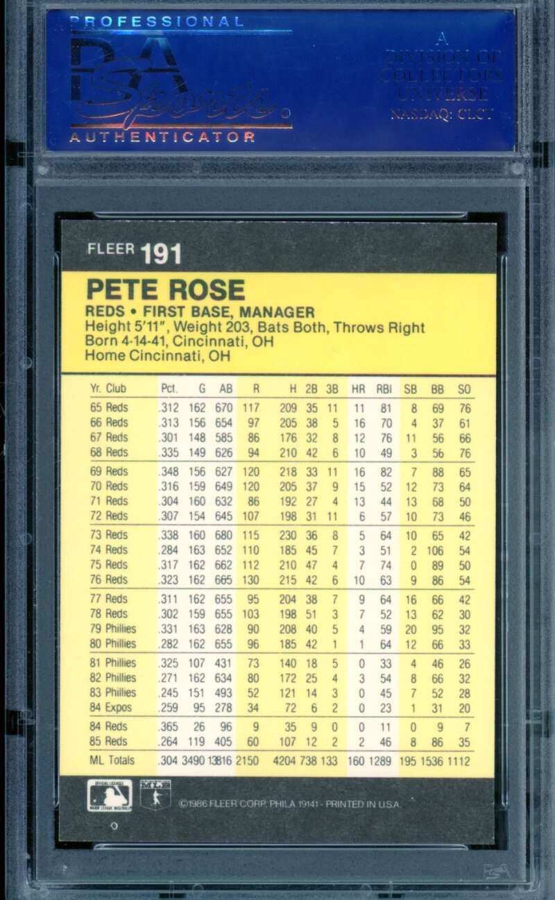 Pete Rose Card 1986 Fleer #191 PSA 9 Image 2