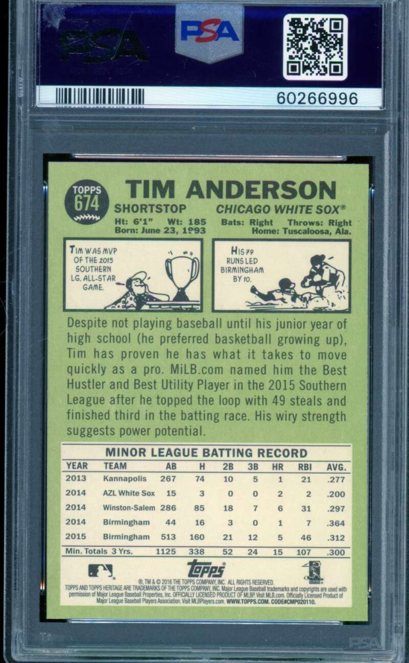 Tim Anderson Rookie Card 2016 Topps Heritage #674 PSA 10 Image 2