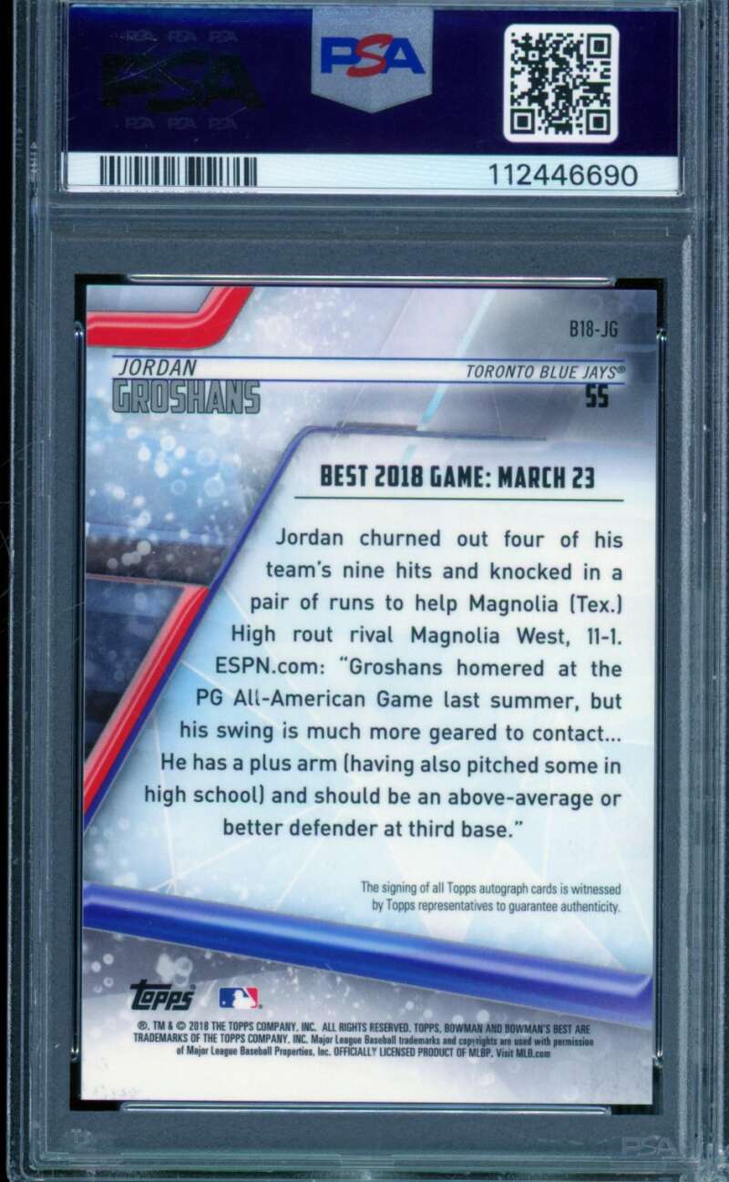 Jordan Groshans Rookie 2018 Bowman's Best Auto Best Of (pop 1) #B18JG PSA 9 Image 2