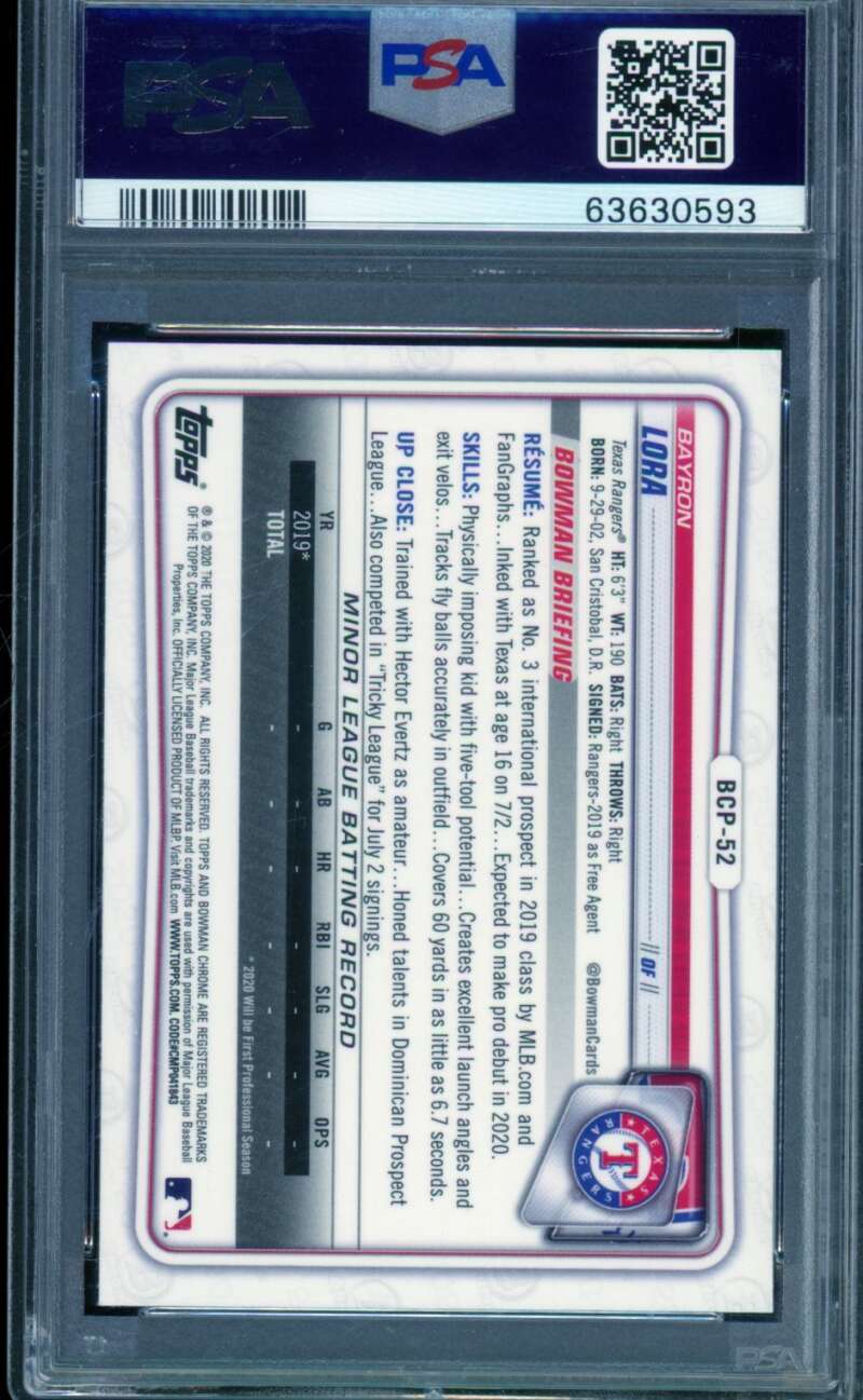 Bayron Lora Rookie Card 2020 Bowman Chrome Sapphire Edition #BCP52 PSA 10 Image 2