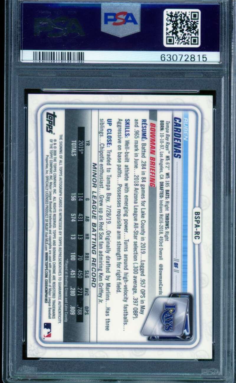 Ruben Cardenas Rookie 2020 Bowman Chrome Sapphire Edition Auto #BSPARC PSA 9 Image 2