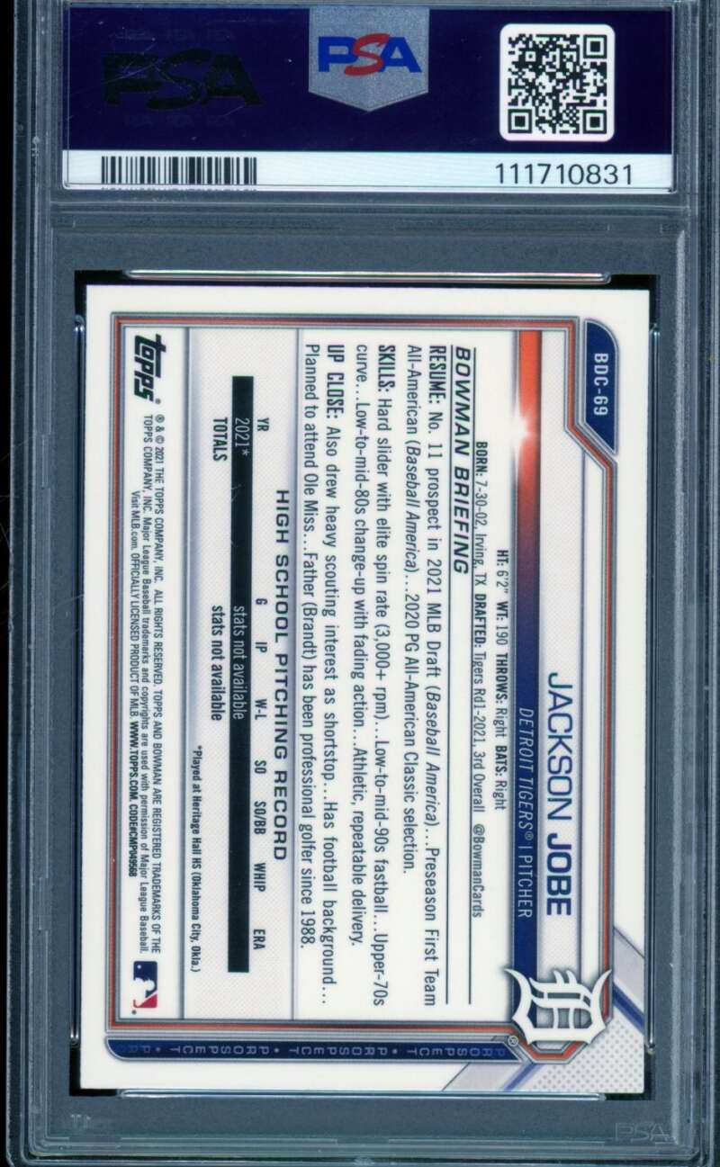 Jackson Jobe Rookie Card 2021 Bowman Draft Chrome #BDC69 PSA 9 Image 2