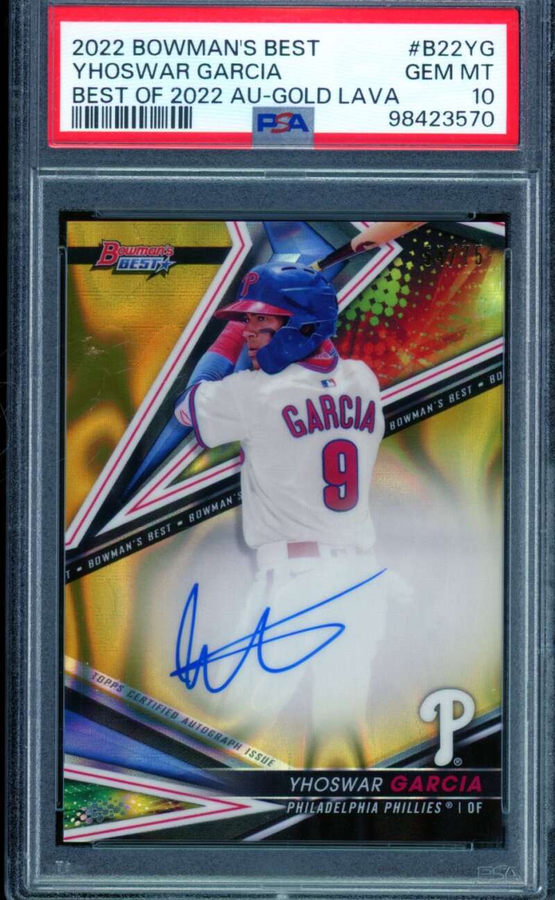 Yhoswar Garcia Rookie Card 2022 Bowman's Best Auto Gold Lava #B22YG PSA 10 Image 1