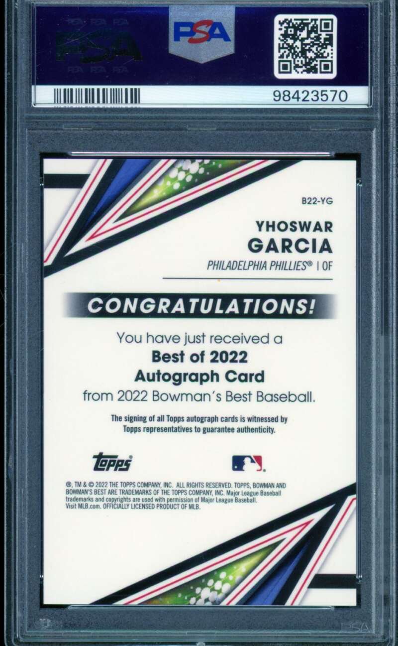 Yhoswar Garcia Rookie Card 2022 Bowman's Best Auto Gold Lava #B22YG PSA 10 Image 2