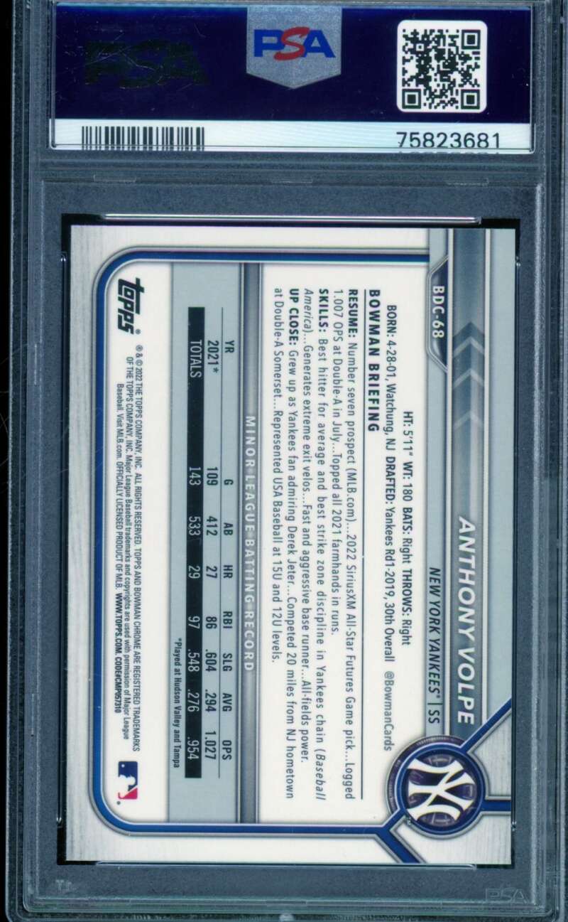 Anthony Volpe Rookie Card 2022 Bowman Draft Chrome #BDC68 PSA 9 Image 2
