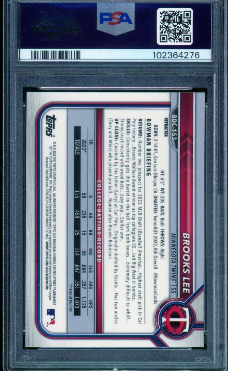 Brooks Lee Rookie Card 2022 Bowman Draft Chrome Refractor #BDC153 PSA 9 Image 2