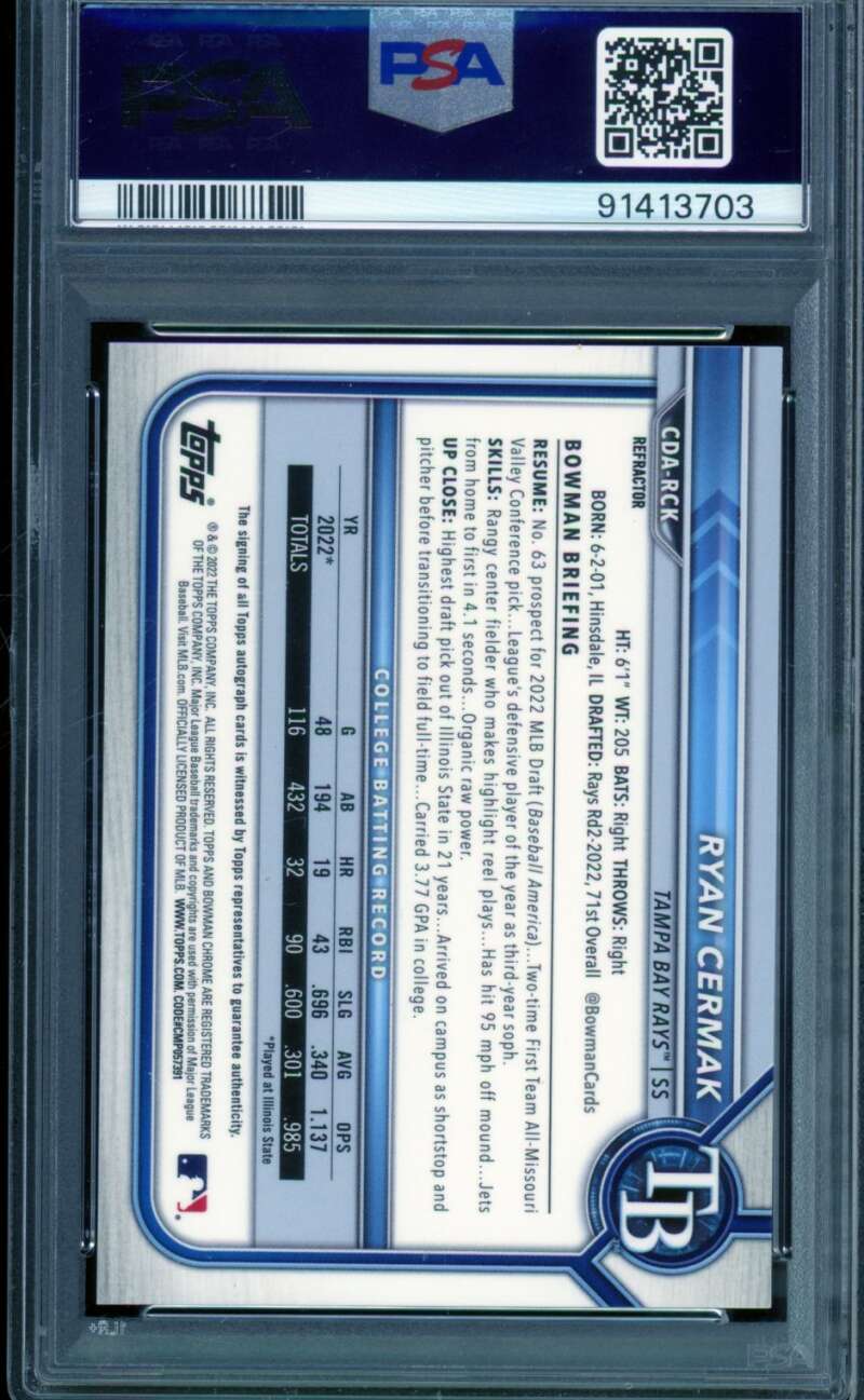 Ryan Cermak Rookie Card 2022 Bowman Draft Chrome DP Auto Refractor #CDA PSA 10 Image 2
