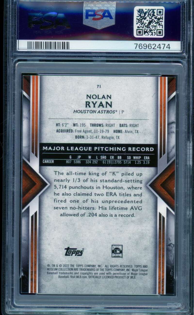 Nolan Ryan Card 2022 Museum Collection (pop 1) (32/50) #71 PSA 9 Image 2