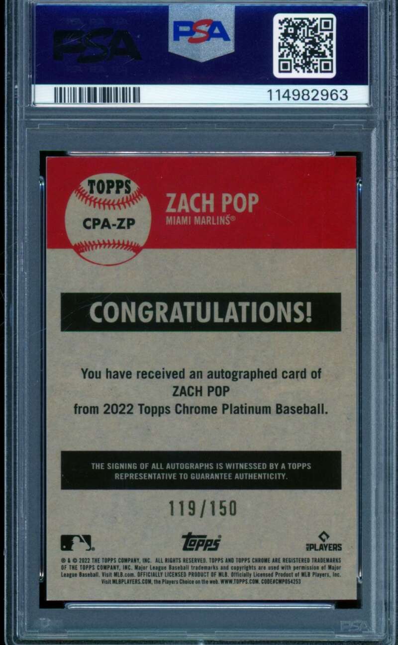 Zach Pop Rookie 2022 Topps Platinum Anniversary Auto Aqua Refractor #ZP PSA 9 Image 2