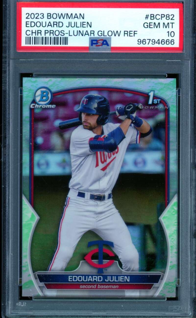 Edouard Julien Rookie Card 2023 Bowman Chrome Pros Lunar Glow Ref #Bcp82 PSA 10 Image 1