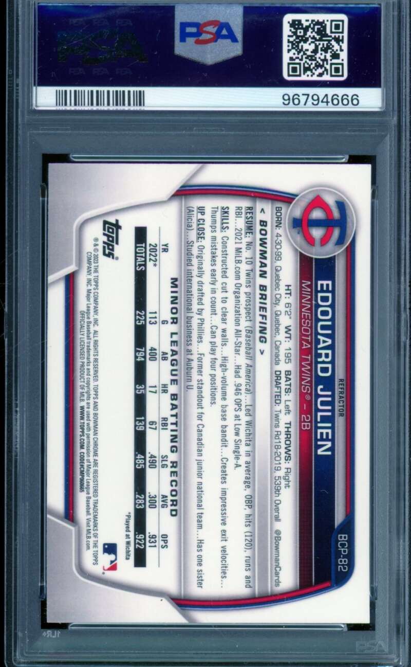Edouard Julien Rookie Card 2023 Bowman Chrome Pros Lunar Glow Ref #Bcp82 PSA 10 Image 2