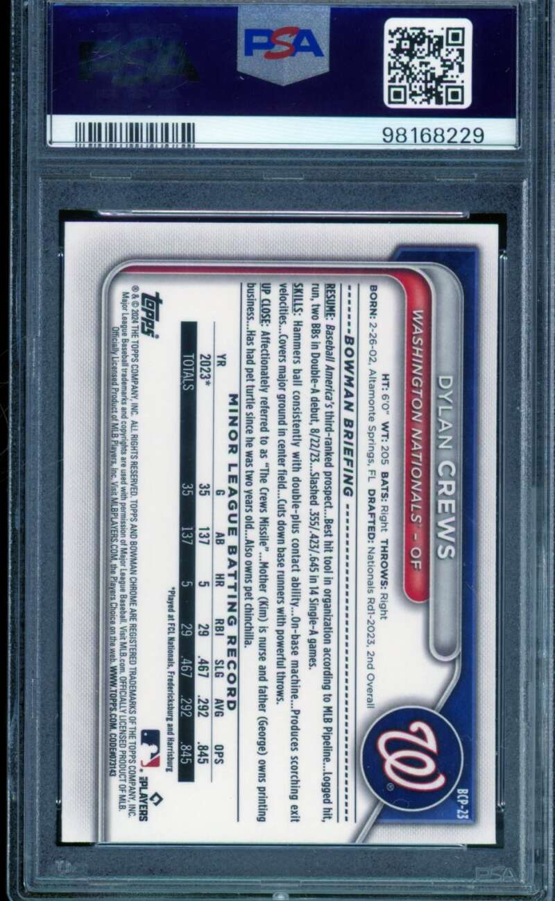 Dylan Crews Rookie Card 2024 Bowman Chrome Prospects #Bcp23 PSA 9 Image 2