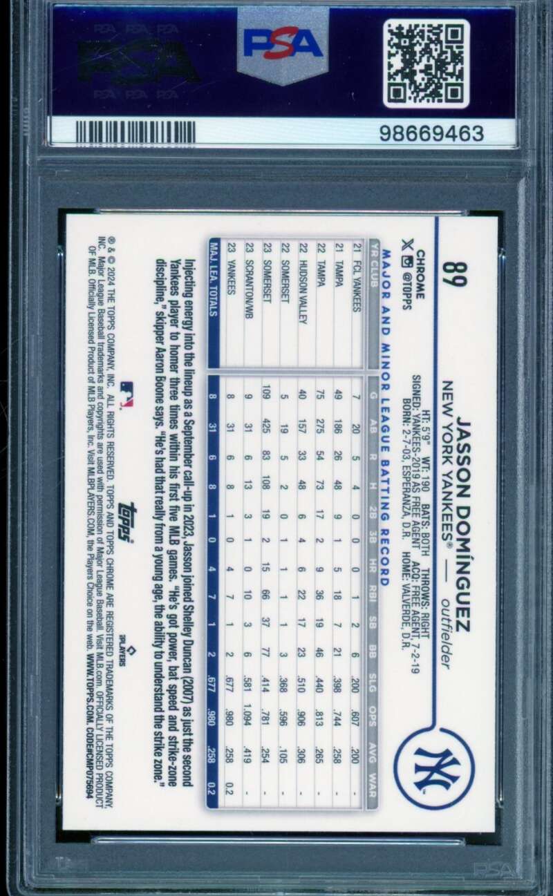 Jasson Dominguez Rookie Card 2024 Topps Chrome #89 PSA 9 Image 2