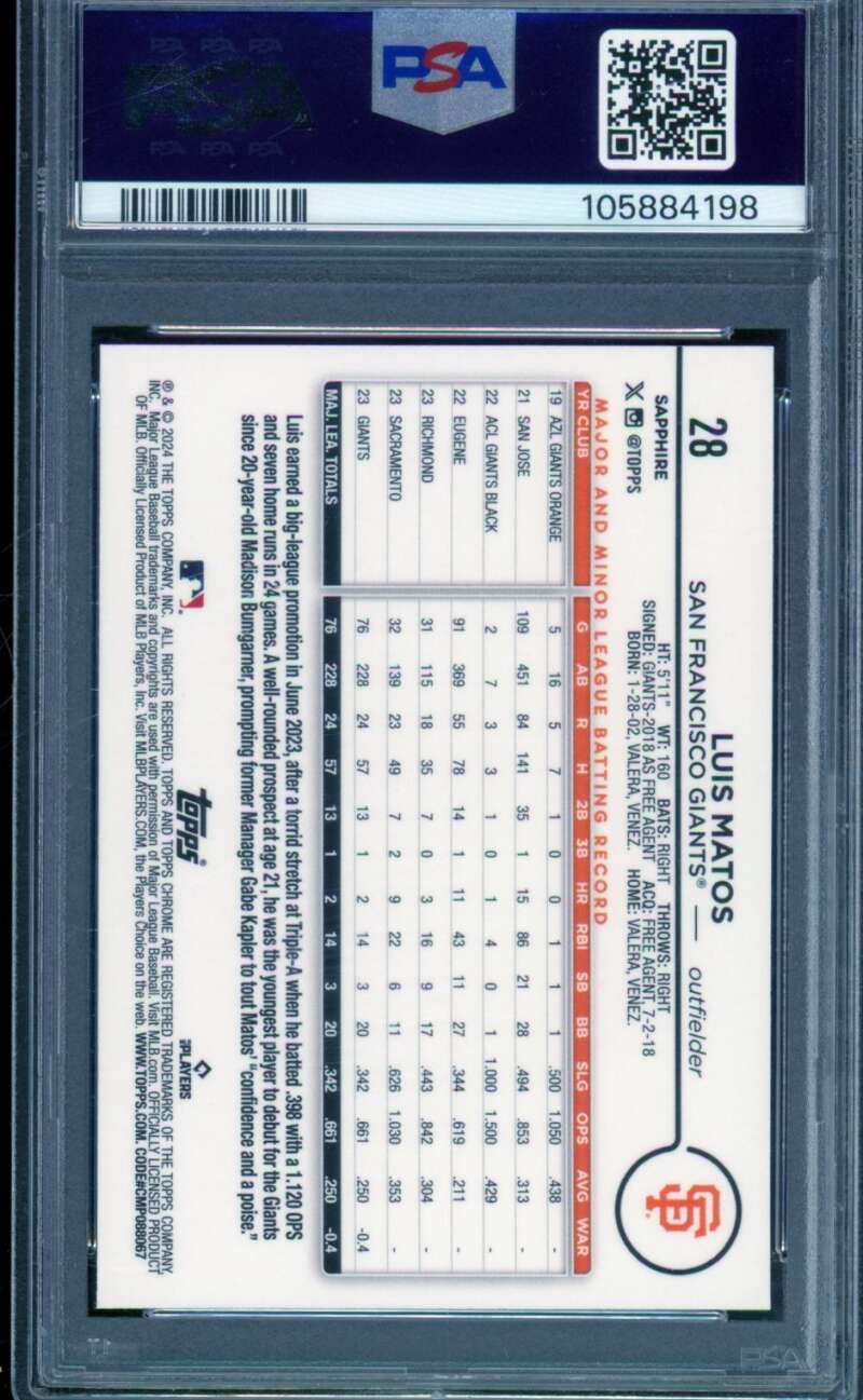 Luis Matos Rookie Card 2024 Topps Sapphire #28 PSA 9 Image 2