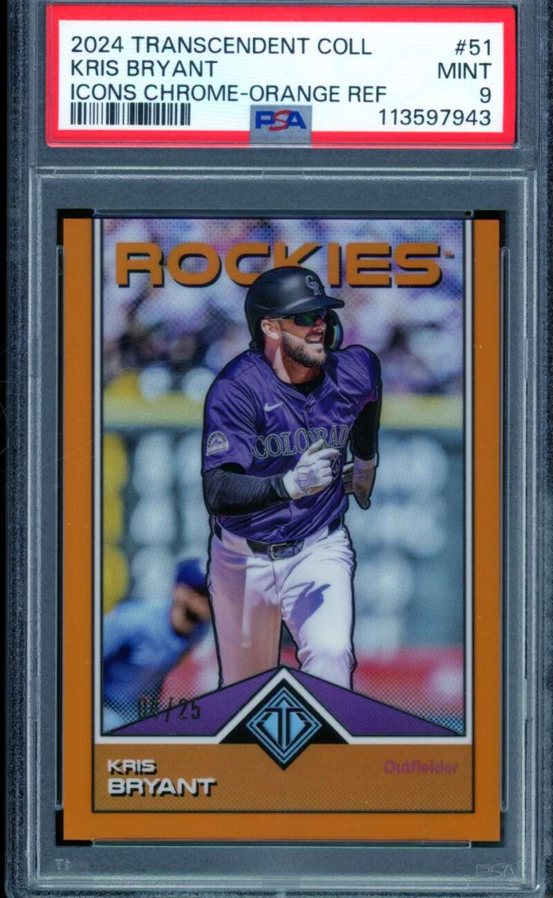 Kris Bryant Card 2024 Transcendent Coll Orange Refractor (4/25) #51 PSA 9 Image 1