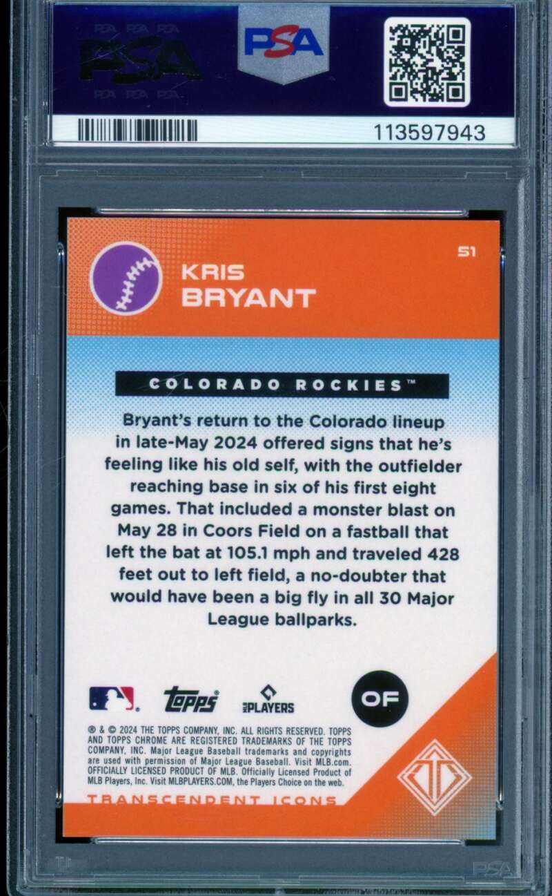 Kris Bryant Card 2024 Transcendent Coll Orange Refractor (4/25) #51 PSA 9 Image 2