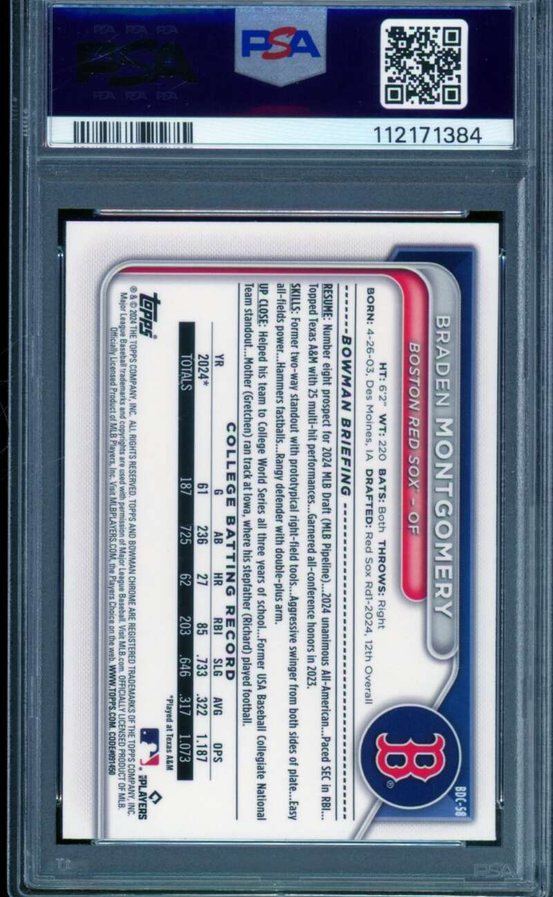 Braden Montgomery Rookie Card 2024 Bowman Draft Chrome #BDC58 PSA 9 Image 2