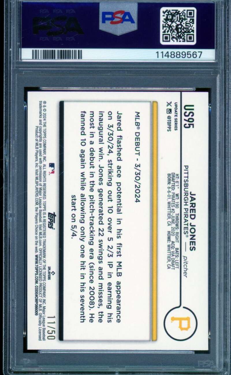 Jared Jones Rookie 2024 Topps Update Powder Blue (pop 2) (11/50) #US95 PSA 9 Image 2