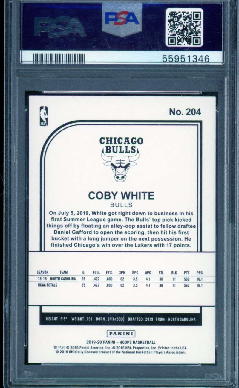 Coby White Rookie Card 2019-20 Panini Hoops #204 PSA 10 Image 2