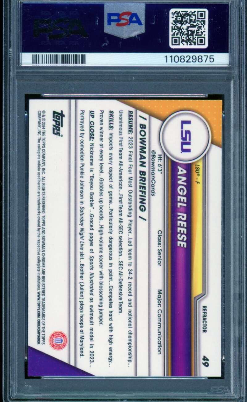 Angel Reese Rookie Card 2023 Bowman U Chrome Refractor #49 PSA 9 Image 2