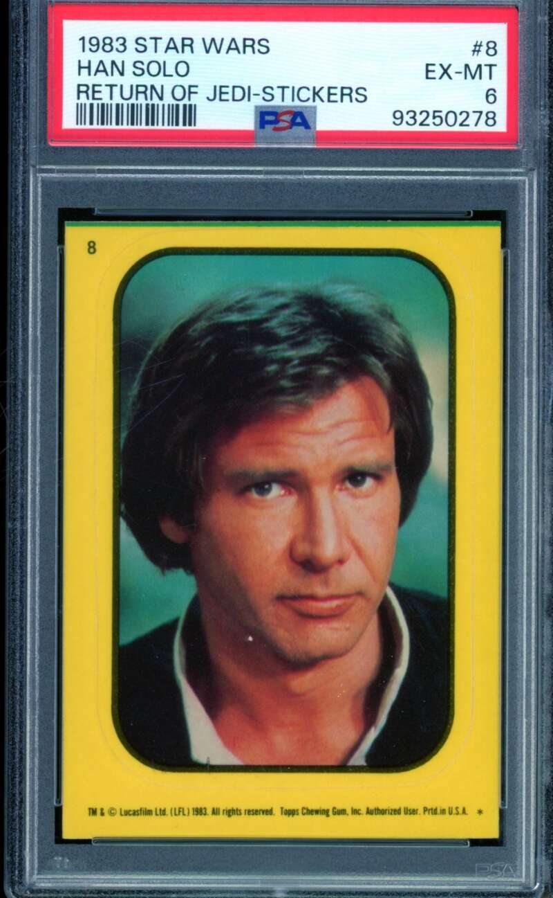 Han Solo Harrison Ford Card 1983 Star Wars Return Of Jedi Stickers #8 PSA 6 Image 1