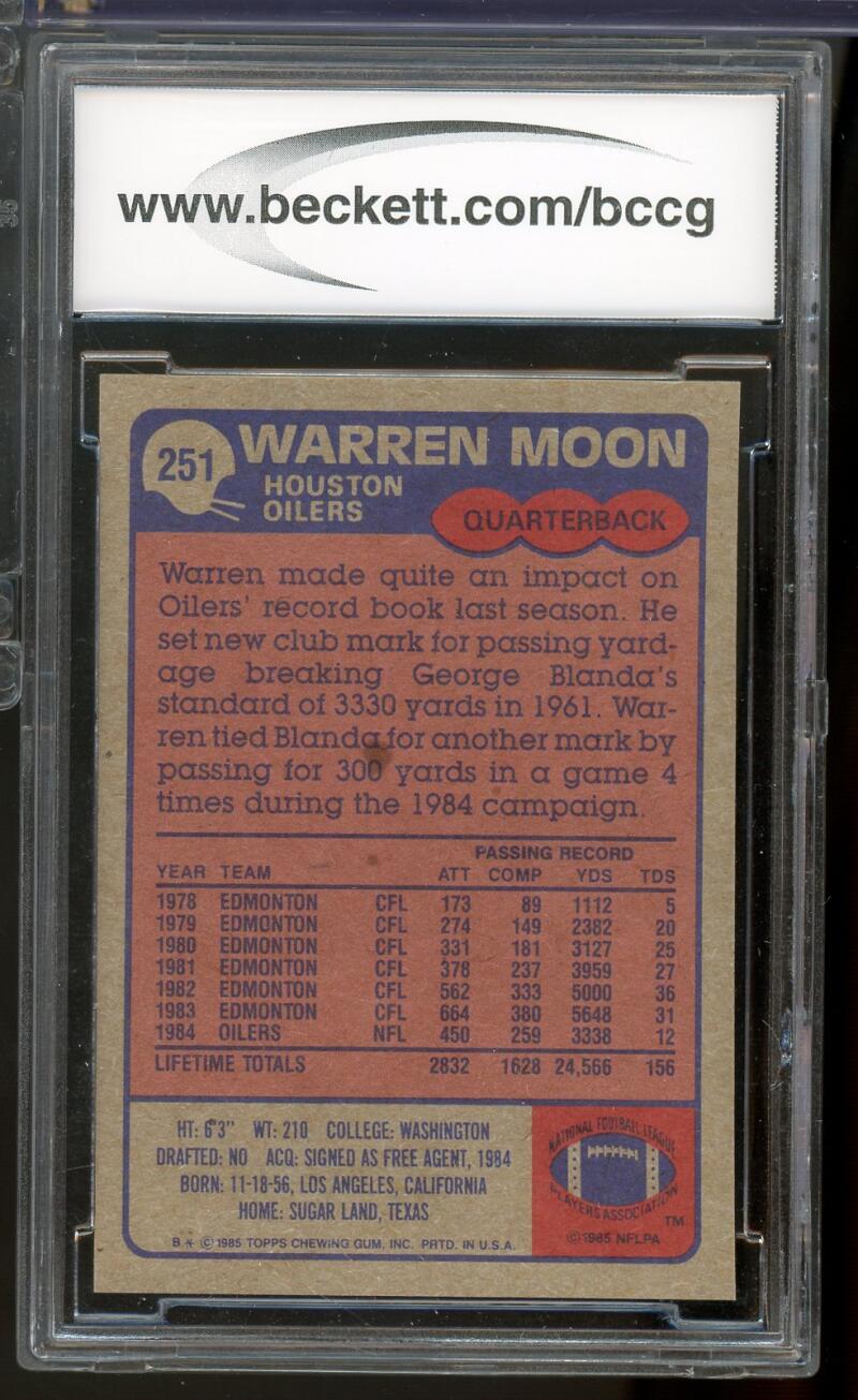 1985 Topps #251 Warren Moon Rookie Card BGS BCCG 10 Mint+ Image 2